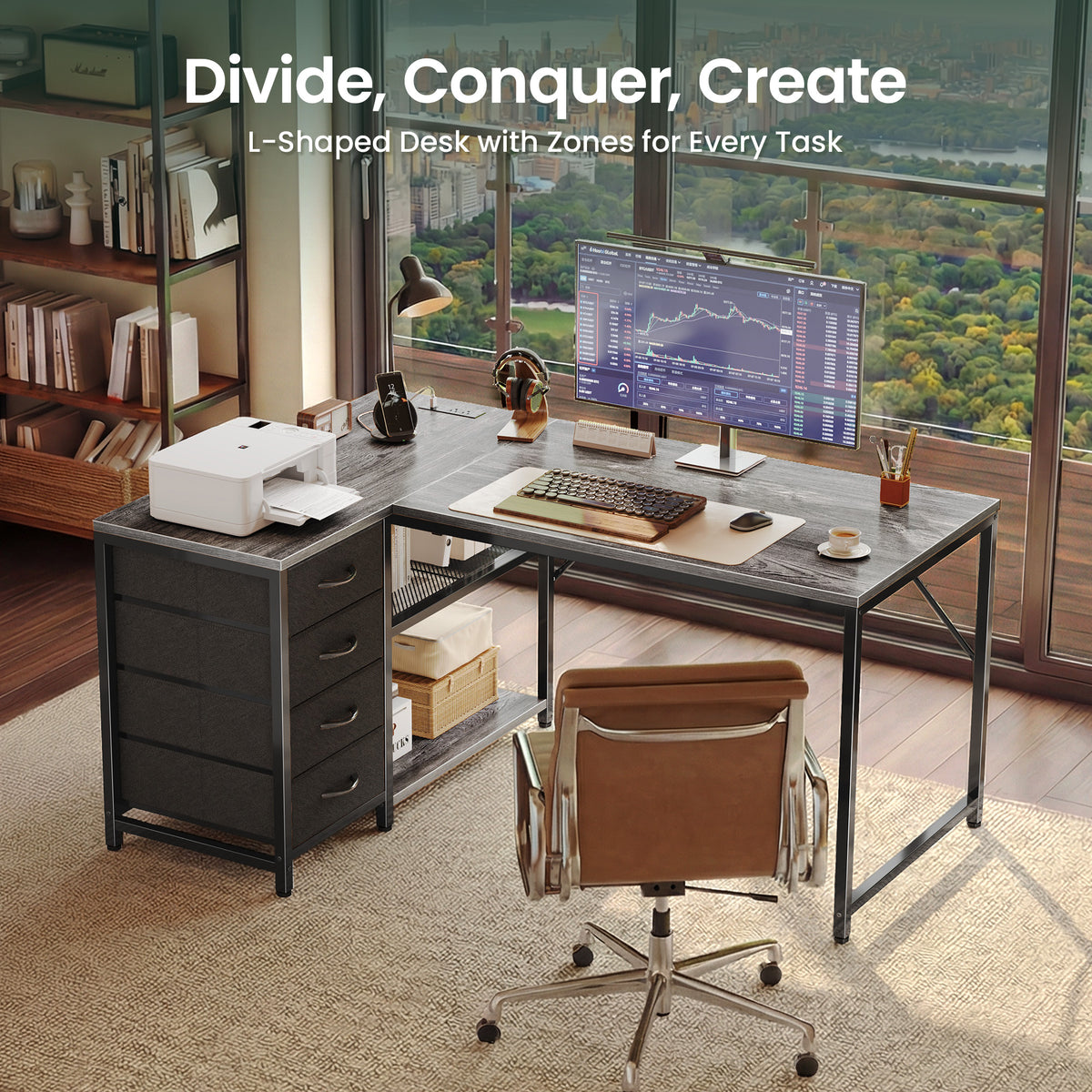 Amadwell 43 Inch L Shaped Desk with Power Outlets & Drawers, Reversible L-Shape Computer Desk, Gray