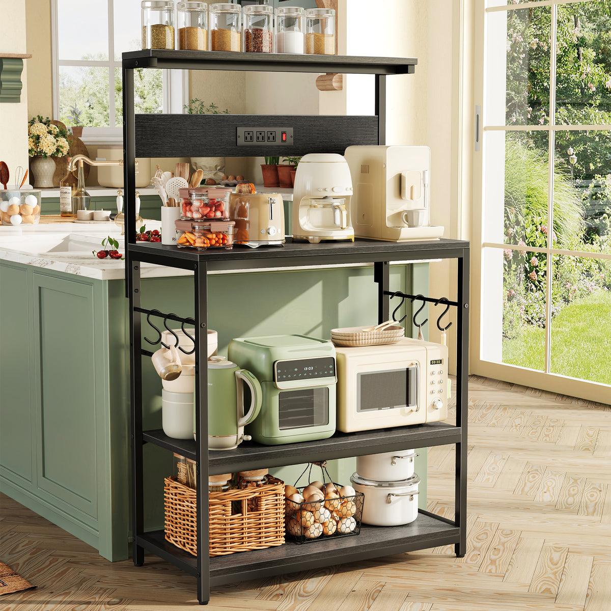 Amadwell Kitchen Bakers Rack with Power Outlets, 31.5" Large Microwave Stand, Coffee Bar Station, Black