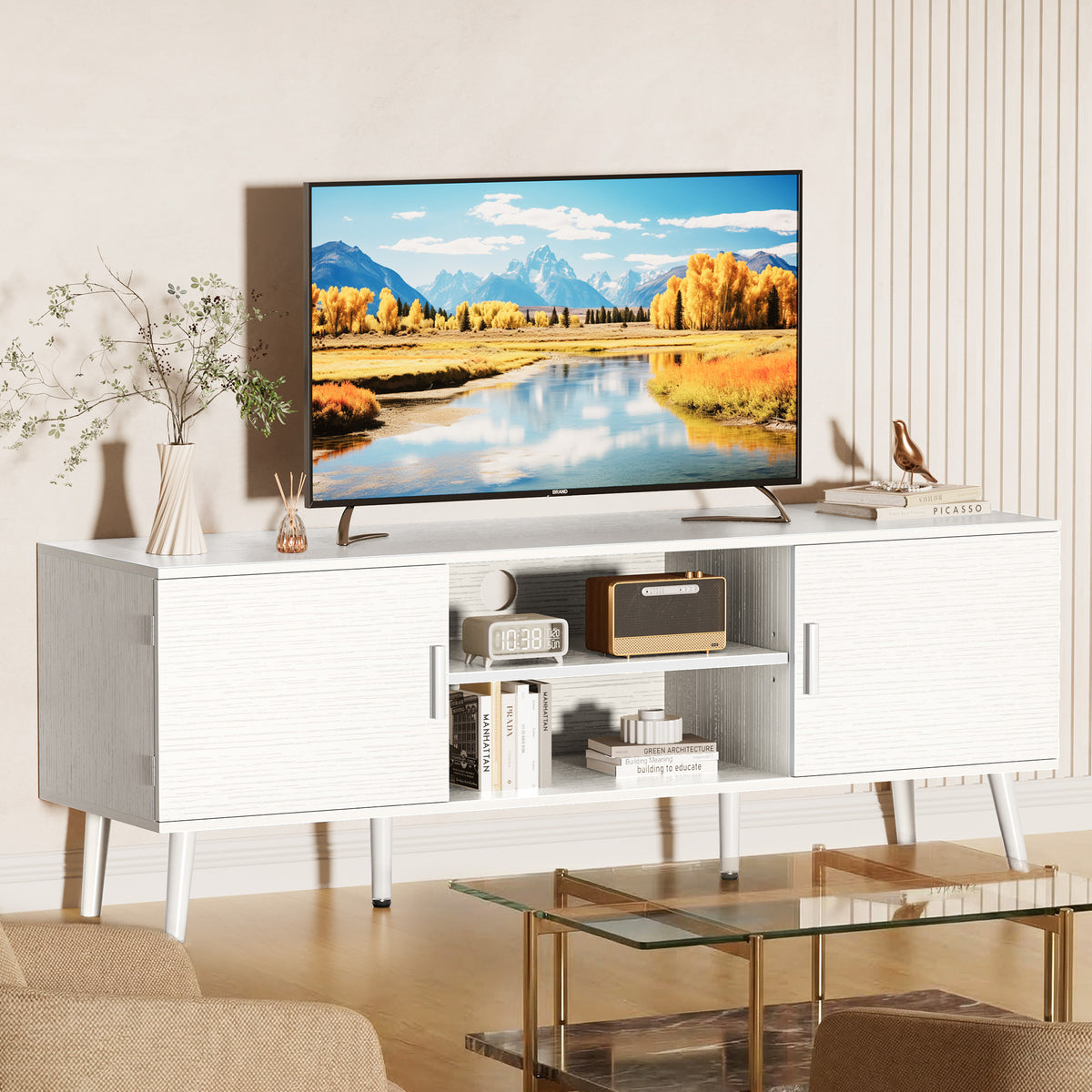 Amadwell Mid Century TV Stand for 60" TVs, Adjustable Shelf, 54 inch Media Console for Living Room, White