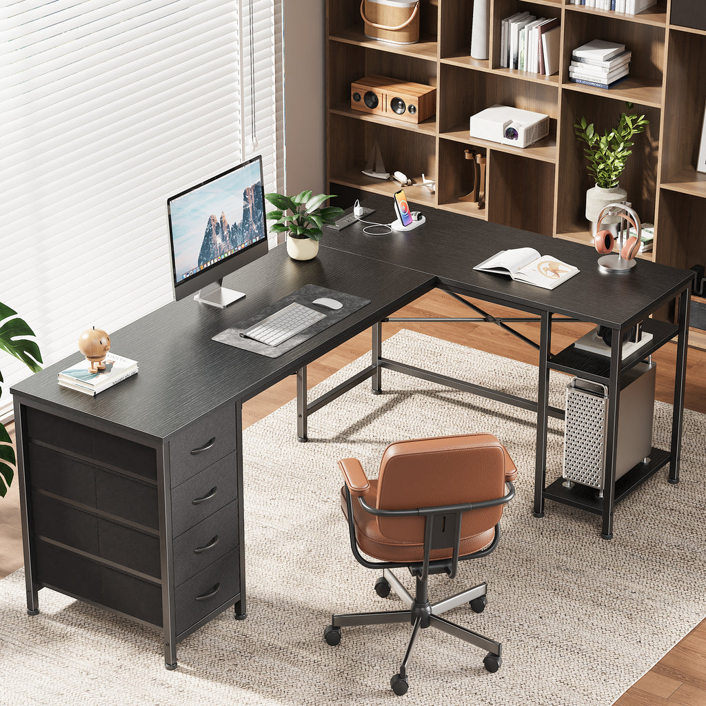 63 Inch L-Shaped Desk with Fabric Drawers, Reversible Home Office & Gaming Desk with Power Outlets, USB-C, and Adjustable Storage Shelves, Black