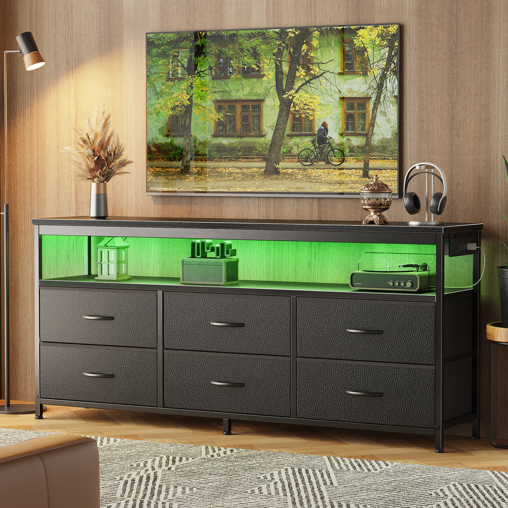 Amadwell 54 Inch LED TV Stand Dresser for 65 Inch TVs, 6 Drawer Entertainment Center with Power Outlets, Media Console with Storage, Black
