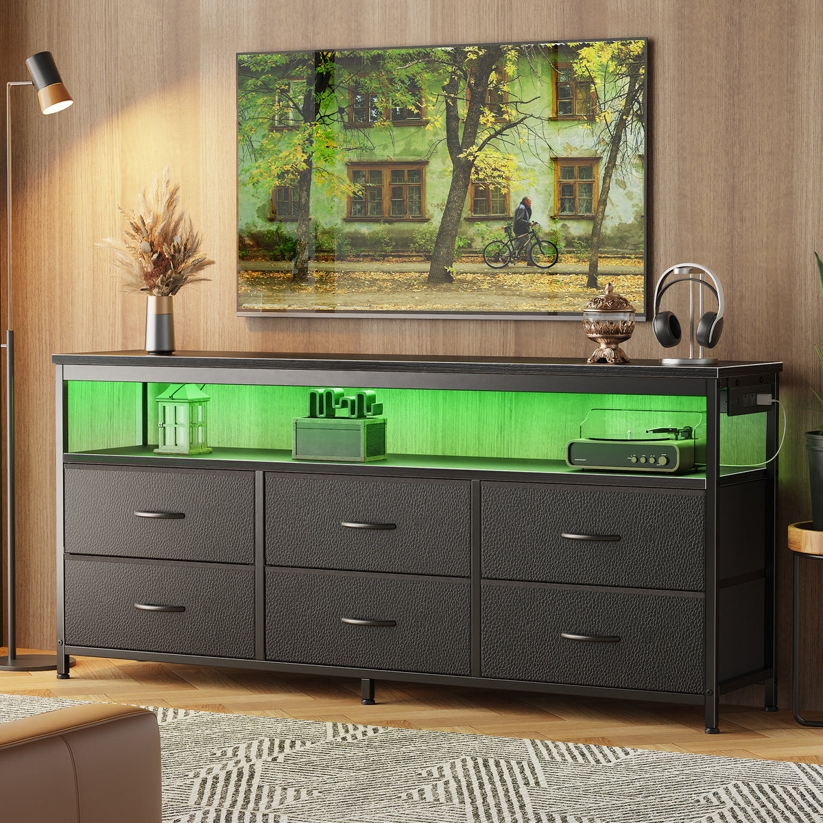 Amadwell 54 Inch LED TV Stand Dresser for 65 Inch TVs, 6 Drawer Entertainment Center with Power Outlets, Media Console with Storage, Black