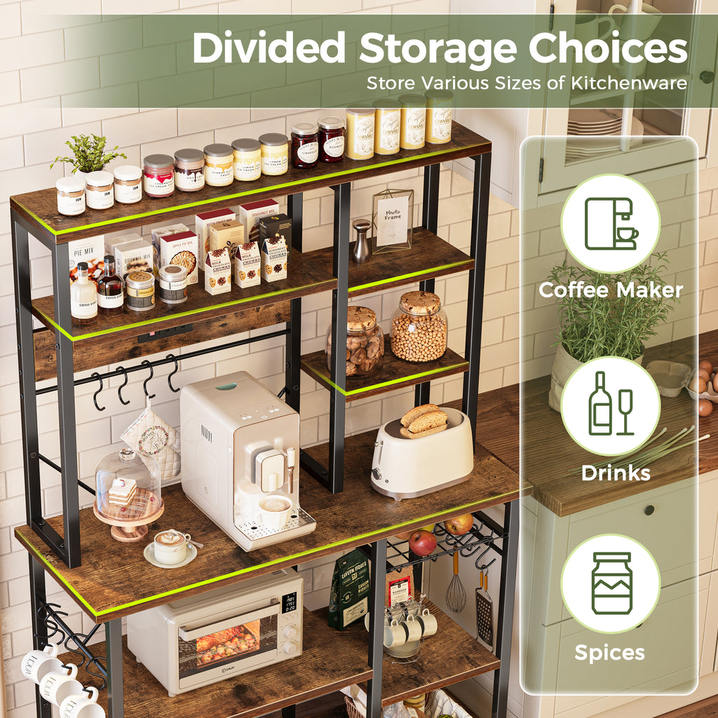 Amadwell 39.4" Large Bakers Rack, 6-Tier Microwave Stand with Power Outlets, Kitchen Shelf with Wire Basket, Brown