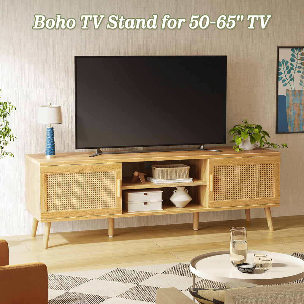 Amadwell Rattan TV Stand for 60" TVs, Adjustable Shelf, Natural Living Room Entertainment Center