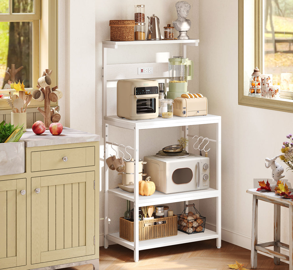 Amadwell 4-Tier Kitchen Storage Shelf Organizer Bakers Rack with Power Outlets, Coffee Bar & Microwave Stand, White