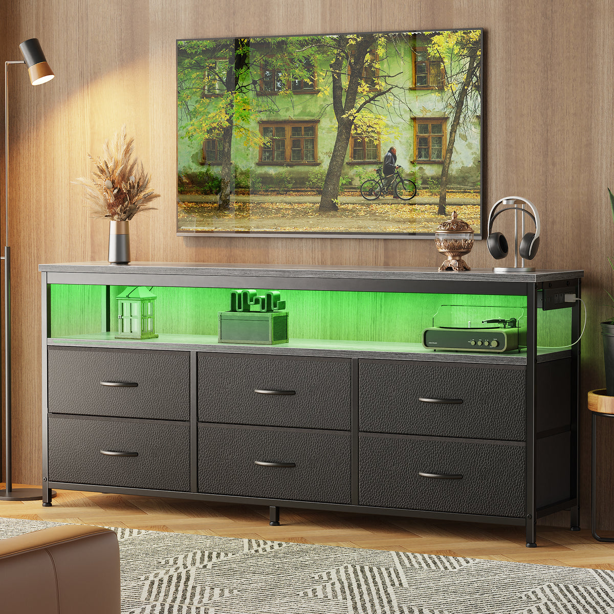 Amadwell 54 Inch LED TV Stand Dresser for 65 Inch TVs, 6 Drawer Entertainment Center with Power Outlets, Media Console with Storage, Gray