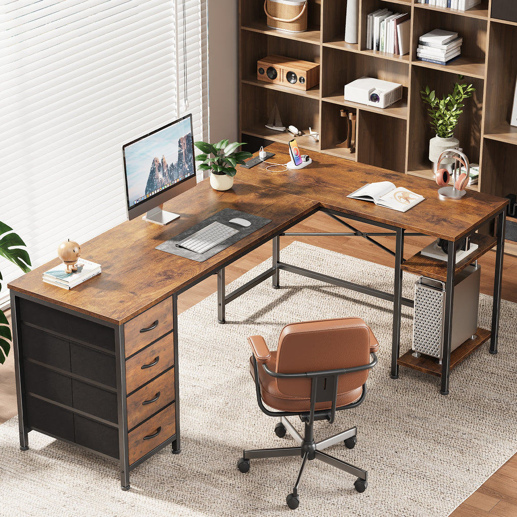 63 Inch L-Shaped Desk with Fabric Drawers, Reversible Home Office & Gaming Desk with Power Outlets, USB-C, and Adjustable Storage Shelves, Brown