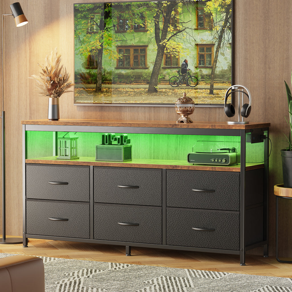 Amadwell 47 Inch LED TV Stand Dresser for 55 Inch TVs, 6 Drawer Entertainment Center with Power Outlets, Media Console with Storage, Brown