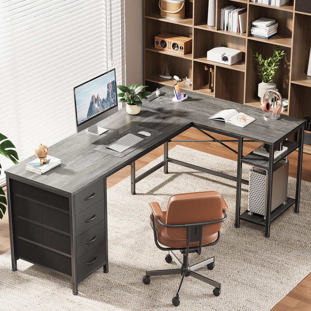 63 Inch L-Shaped Desk with Fabric Drawers, Reversible Home Office & Gaming Desk with Power Outlets, USB-C, and Adjustable Storage Shelves, Black