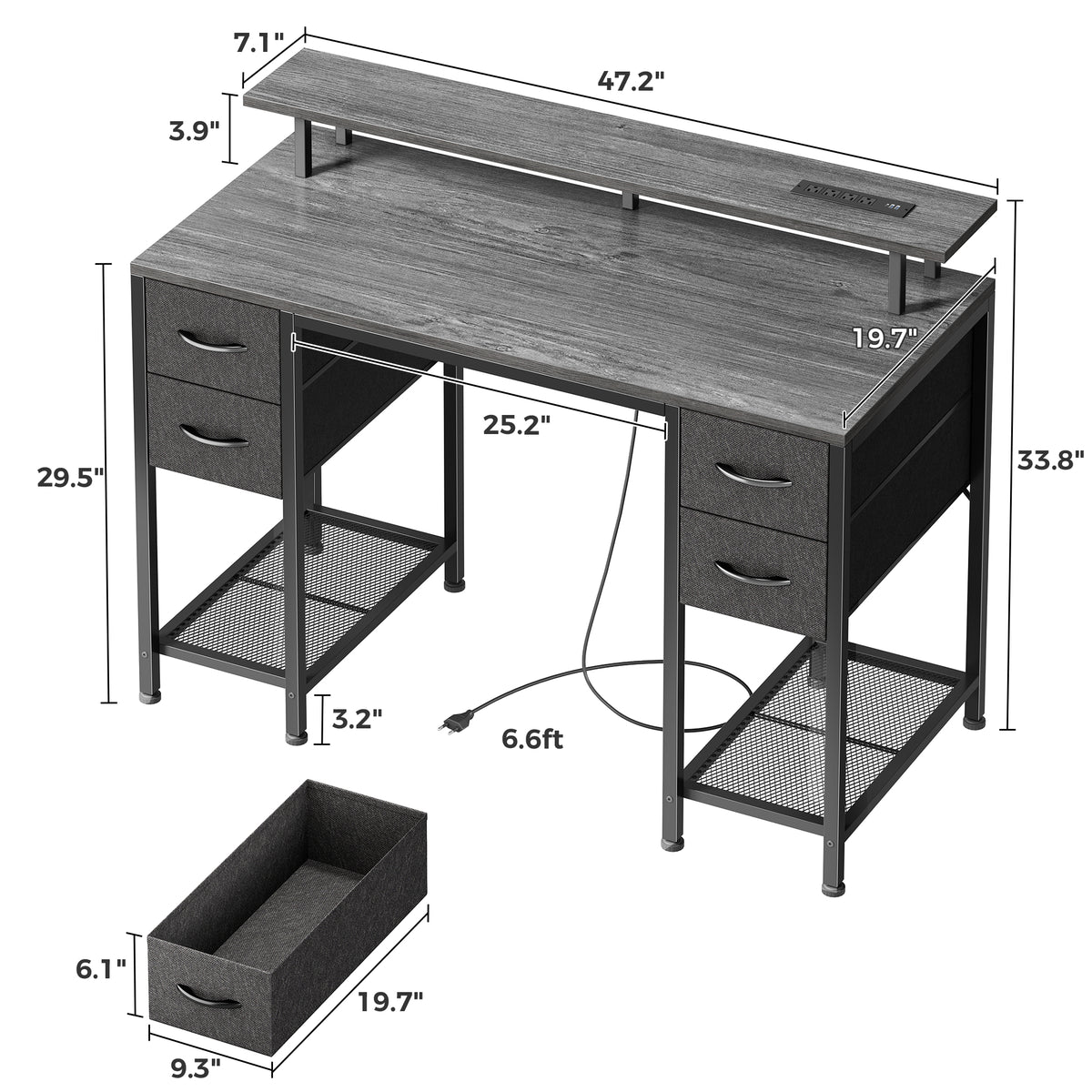 Amadwell 47" Gaming Computer Desk with LED Lights, Power Outlets, Home Office Writing Desk with 4 Drawers, Gray