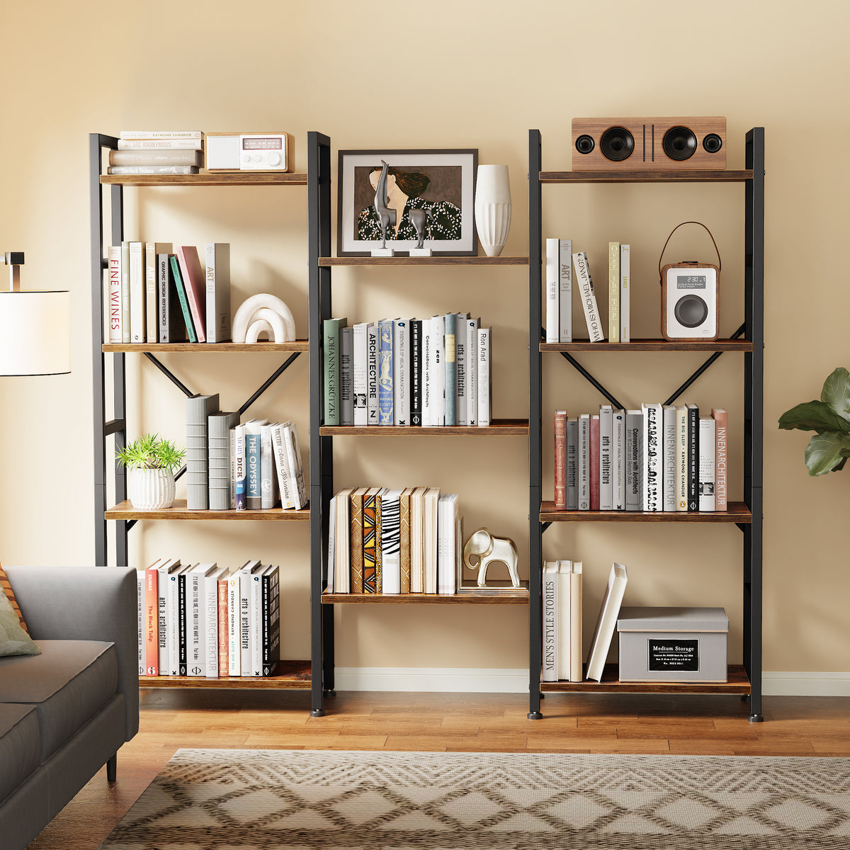 Amadwell 4 Tier Industrial Bookcase, Large Shelf Bookshelf, 11 Units Storage for Living Room, Brown
