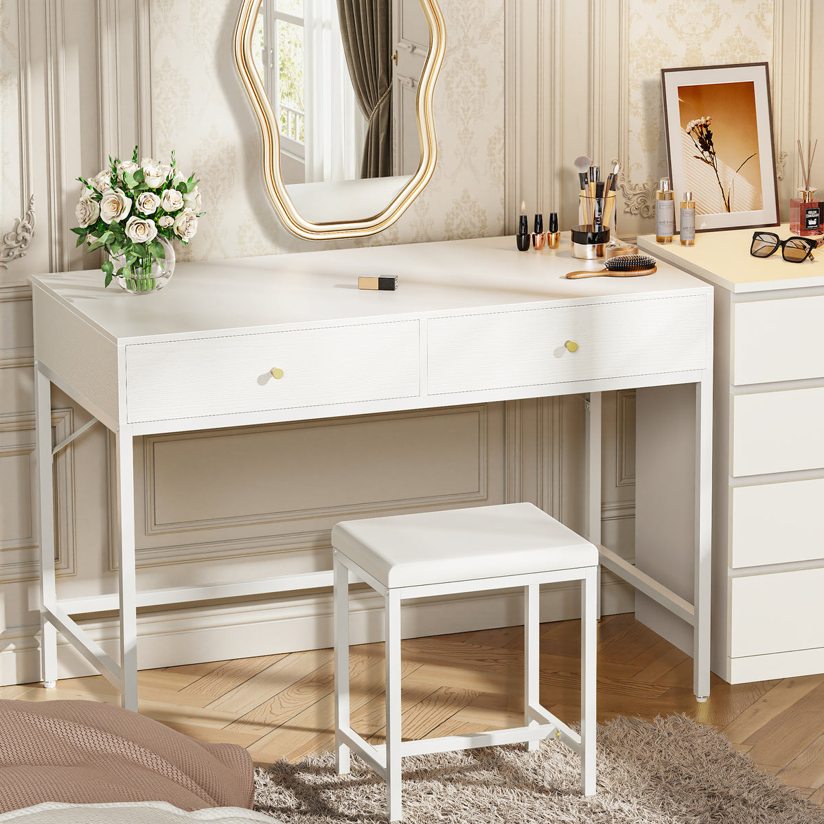 Amadwell 35.4 Inches White and Gold Desk with 2 Drawers, Vanity Desk with Padded Stool, Bedroom, White