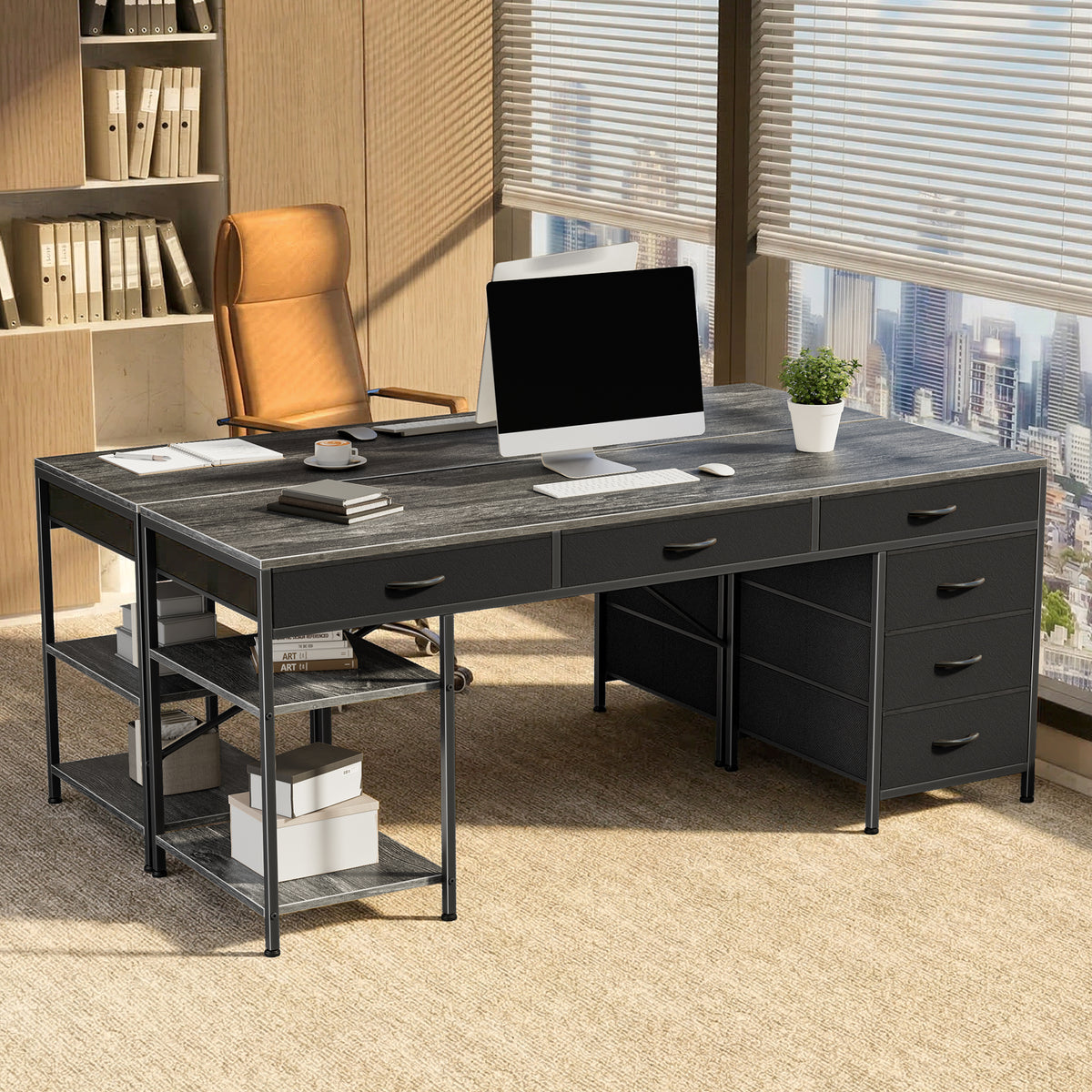 Amadwell 54" Desk with Drawers & Storage, Office Desk with Reversible Shelves, Gaming Computer Desk, Grey