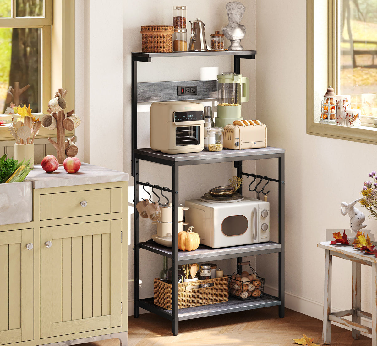 Amadwell 4-Tier Kitchen Storage Shelf Organizer Bakers Rack with Power Outlets, Coffee Bar & Microwave Stand, Gray