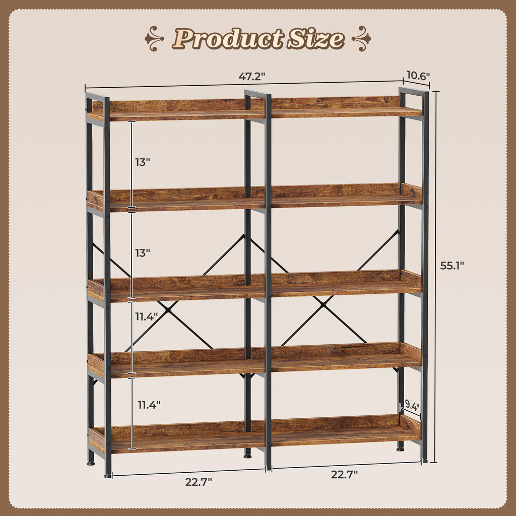 Amadwell 5-Tier Bookshelf with 10 Open Shelves, 47" Freestanding Bookcase, Sturdy Metal Frame, for Living Room, Brown