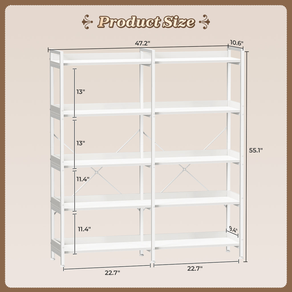 Amadwell 5-Tier Bookshelf with 10 Open Shelves, 47" Freestanding Bookcase, Sturdy Metal Frame, for Living Room, White