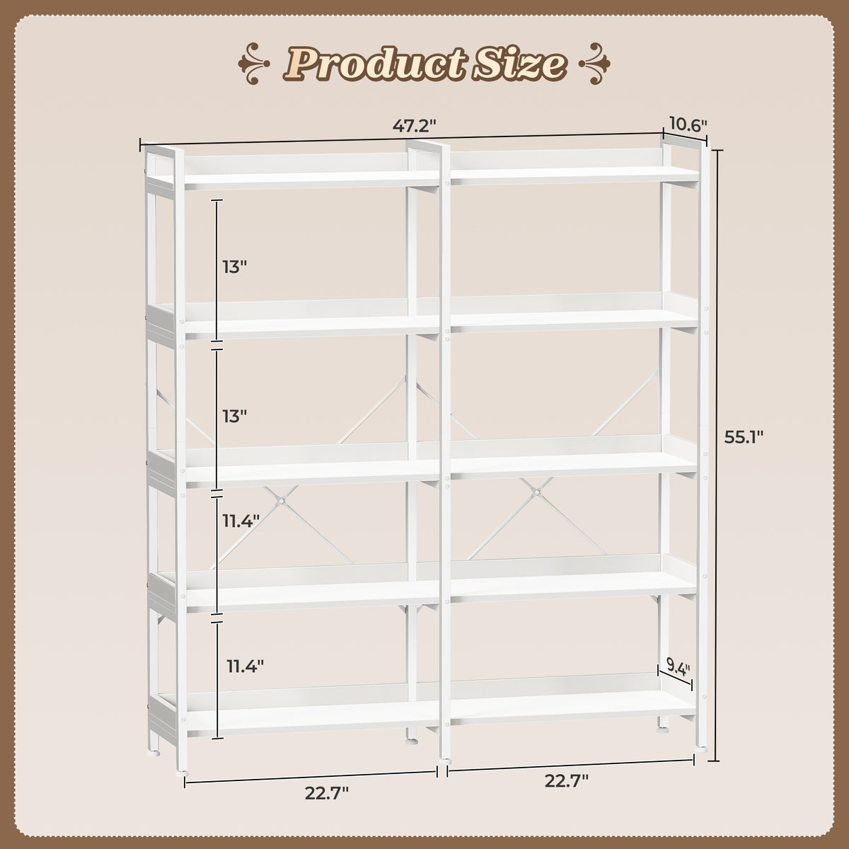 Amadwell 5-Tier Bookshelf with 10 Open Shelves, 47" Freestanding Bookcase, Sturdy Metal Frame, for Living Room, White