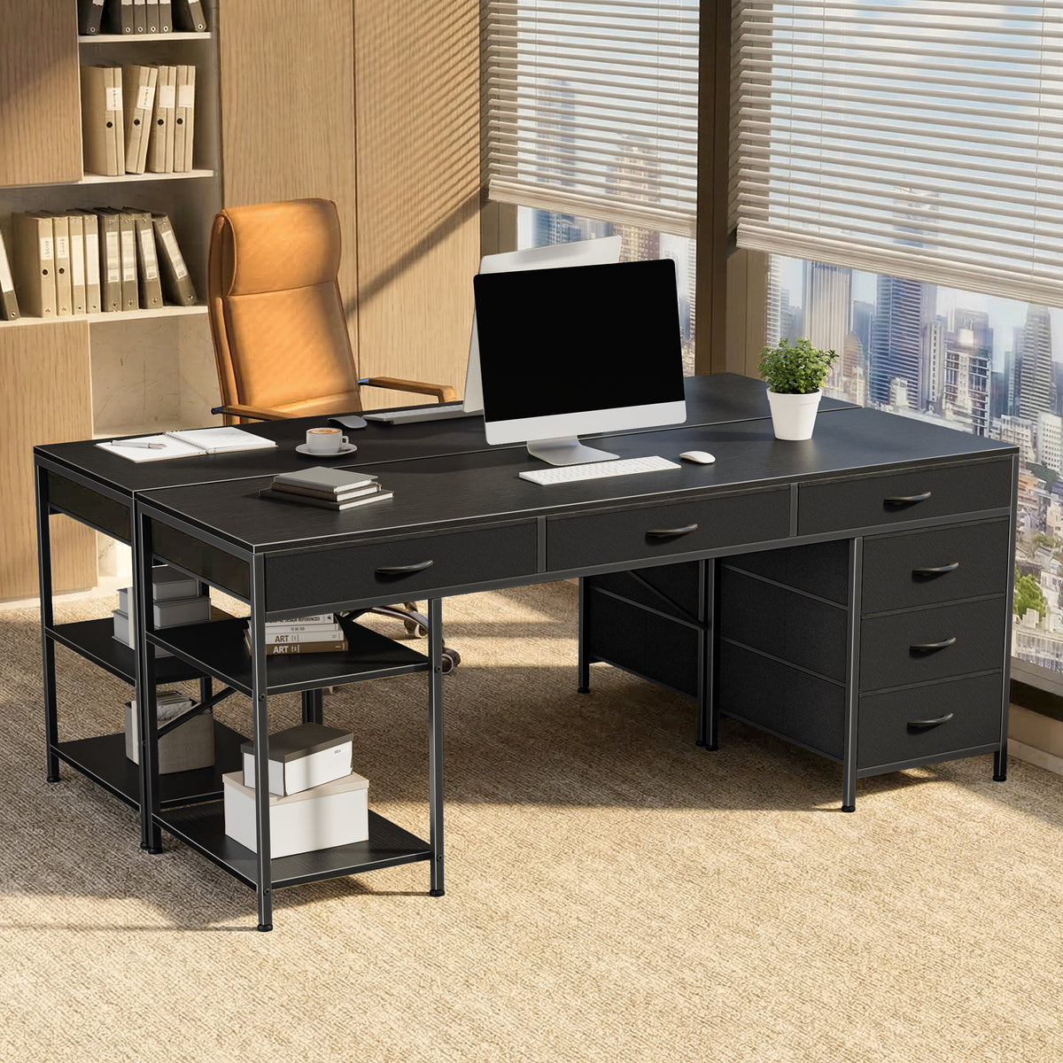 Amadwell 54" Desk with Drawers & Storage, Office Desk with Reversible Shelves, Gaming Computer Desk, Black