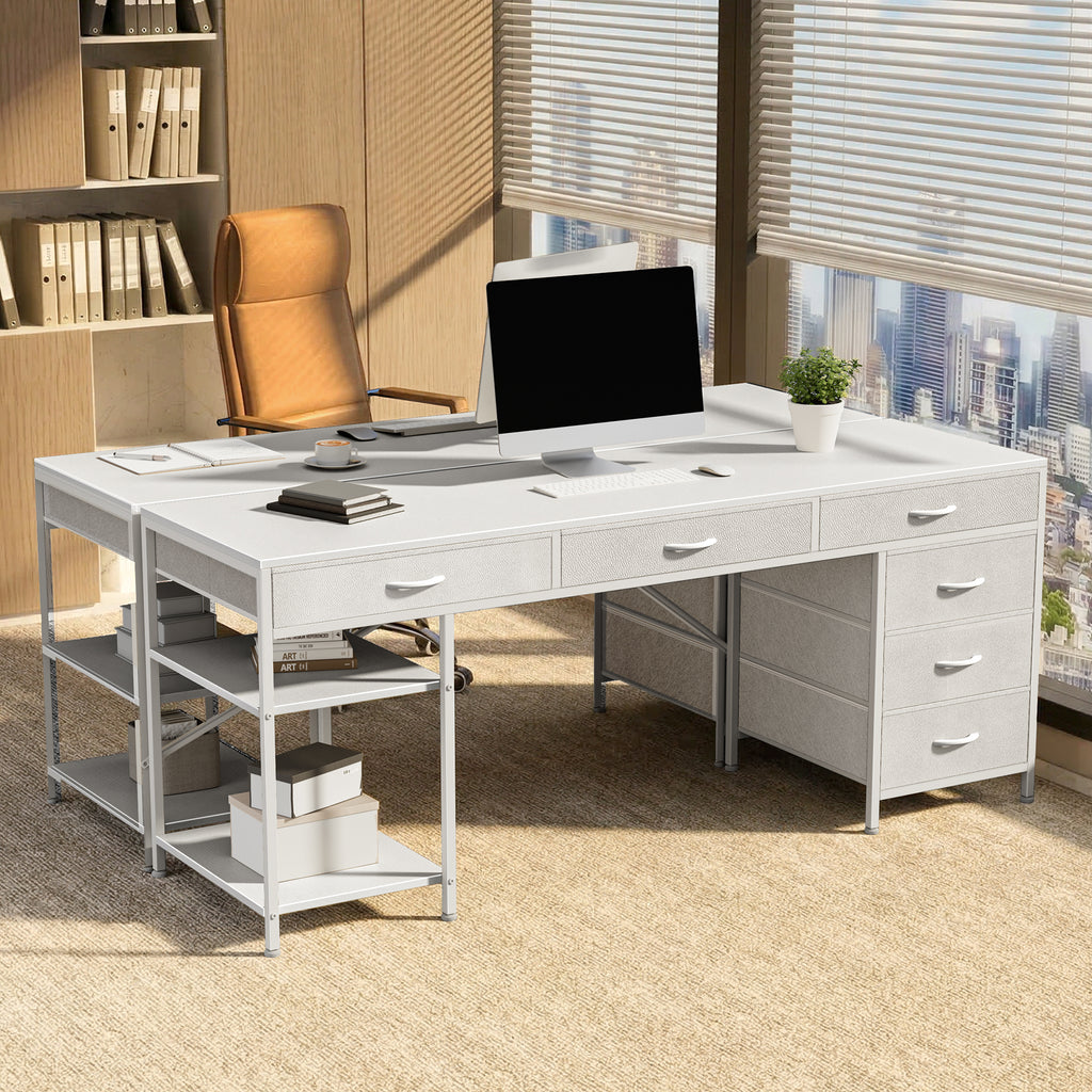 Amadwell 54" Desk with Drawers & Storage, Office Desk with Reversible Shelves, Gaming Computer Desk, White