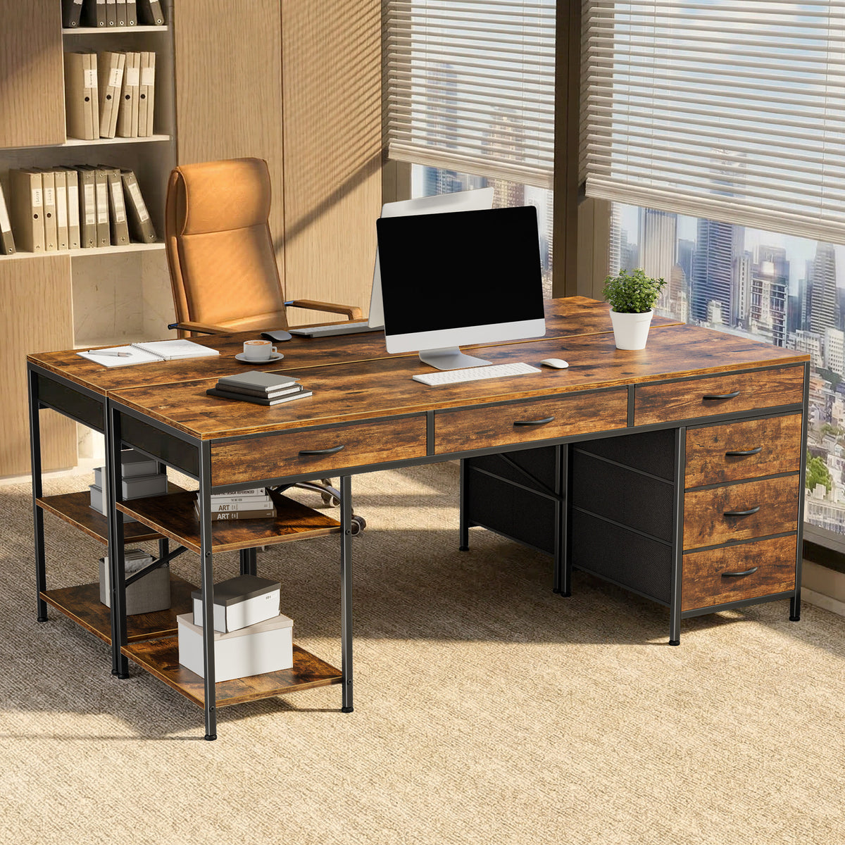 Amadwell 54" Desk with Drawers & Storage, Office Desk with Reversible Shelves, Gaming Computer Desk, Brown