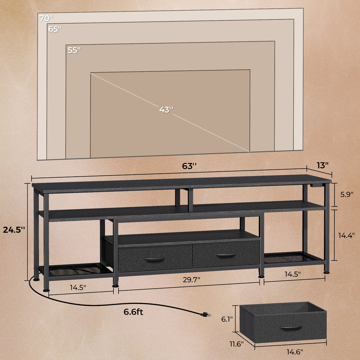 Amadwell 63" LED TV Stand for 65-70 Inch TVs, Entertainment Center with Power Outlets & Drawers, Rustic Brown