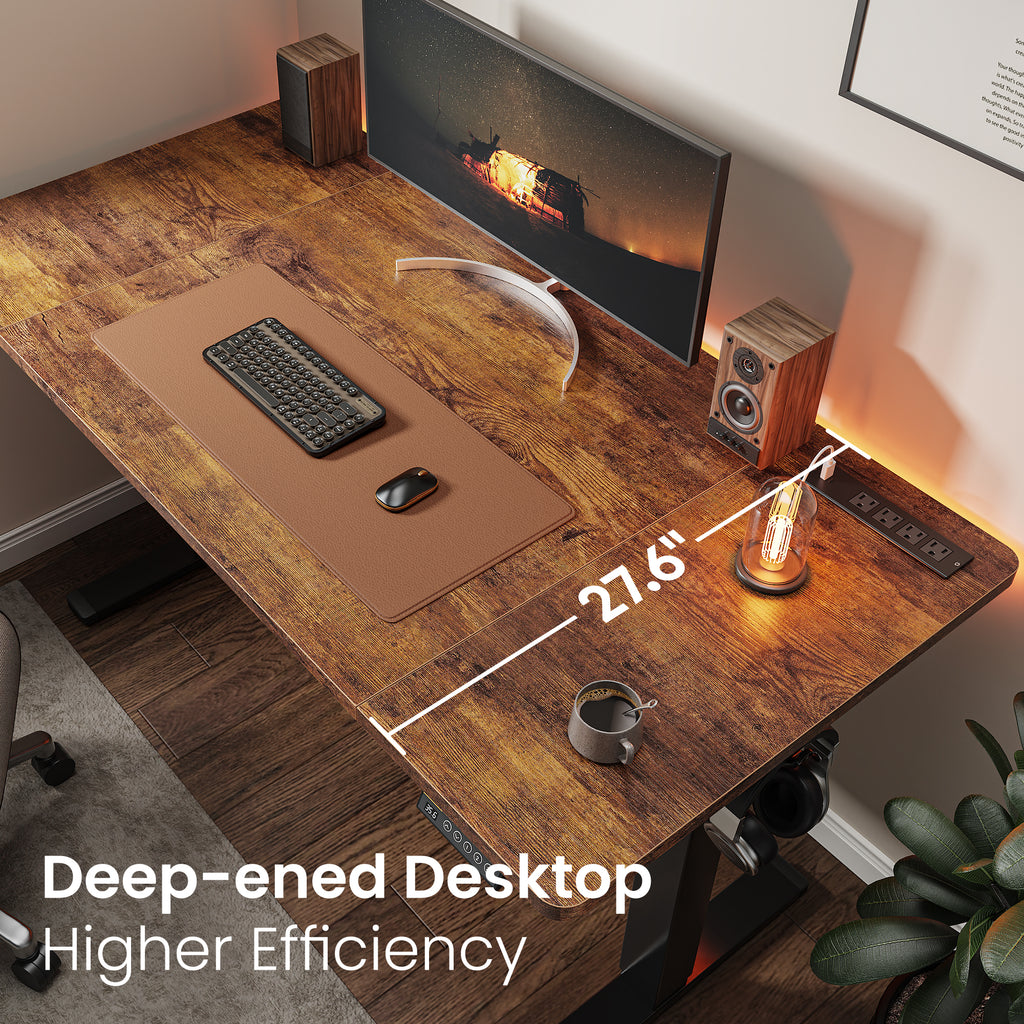 Amadwell 55" Electric Height Adjustable Standing Desk, 27.6" Deep Work Table with Power Outlets, Home Office Desk, Brown