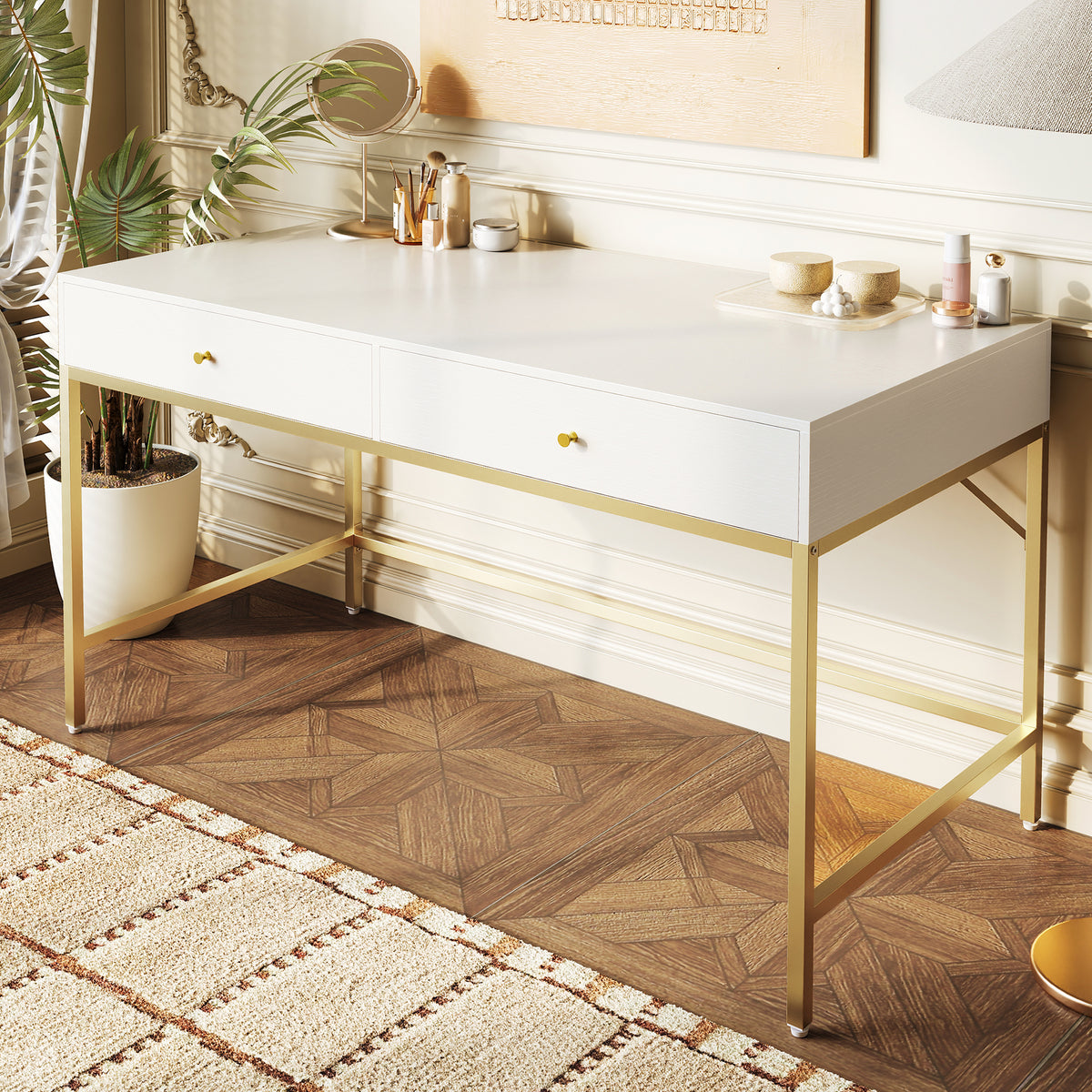 Amadwell Vanity Desk with Drawers, 47 inch Computer Desk, Vanity Dressing Table with Storage, for Bedroom, Gold
