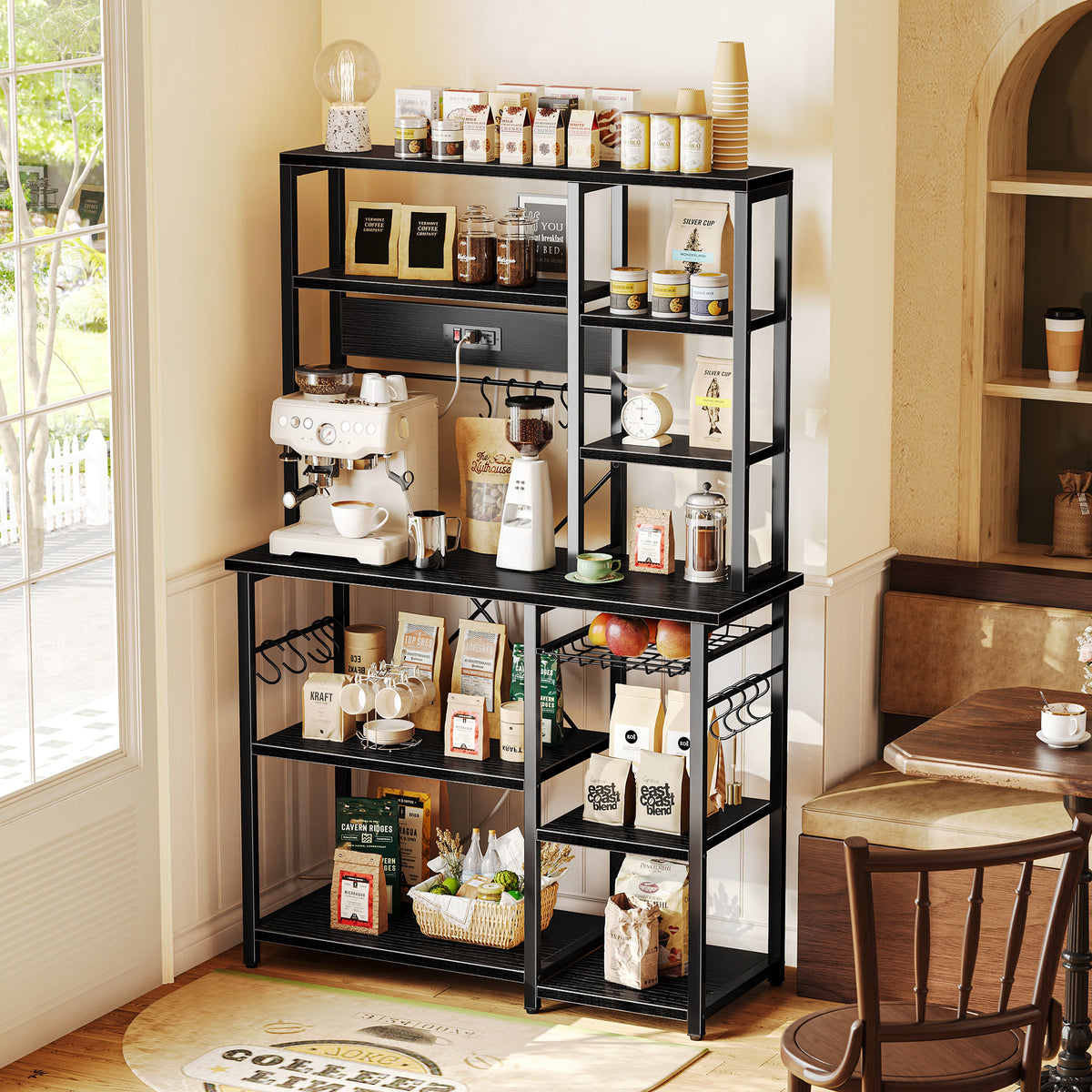 Amadwell 39.4" Large Bakers Rack, 6-Tier Microwave Stand with Power Outlets, Kitchen Shelf with Wire Basket, Black