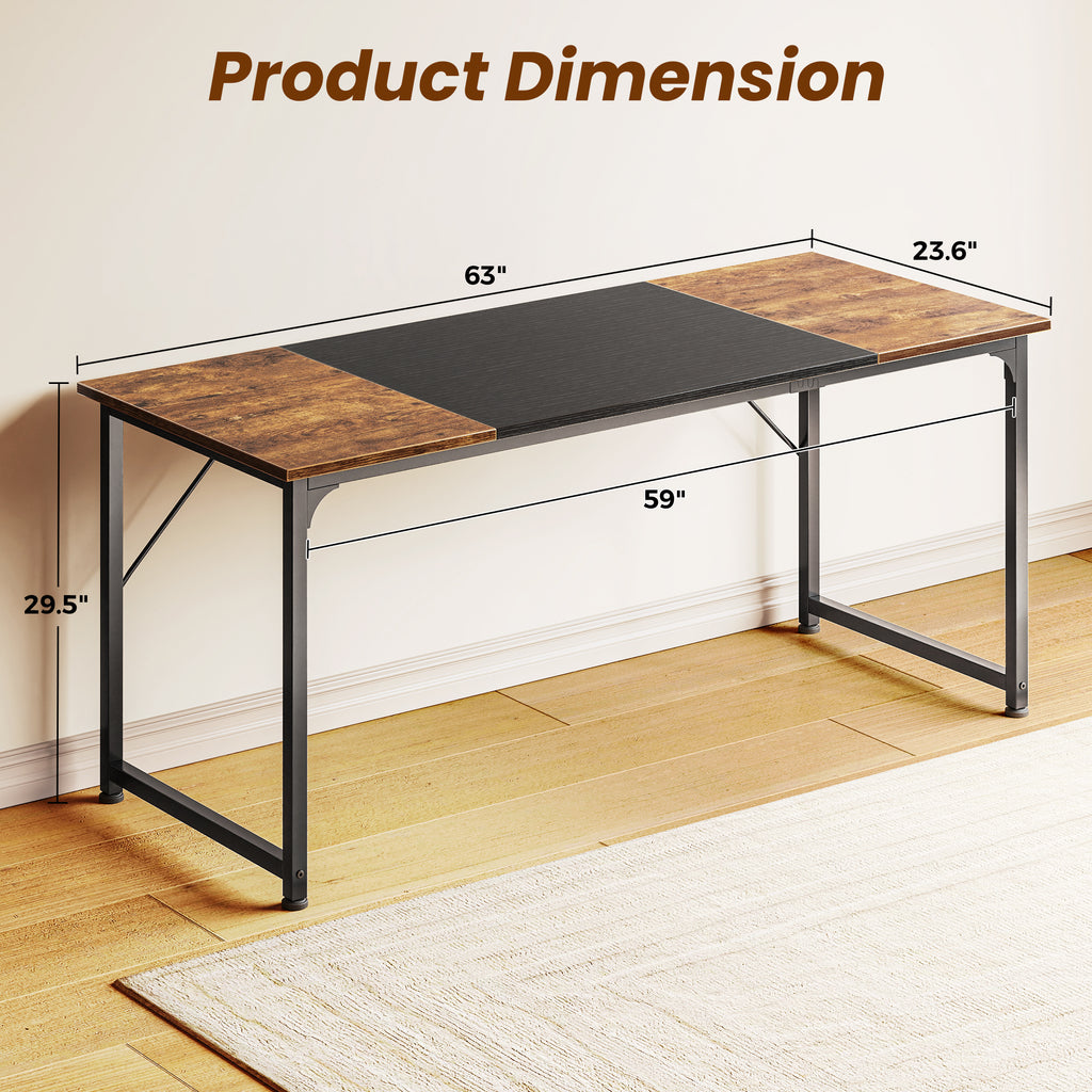 63" Computer Desk, Modern Office, Study & Gaming Desk with Storage, Large Legroom, Sturdy Metal Frame, Rustic Brown and Black