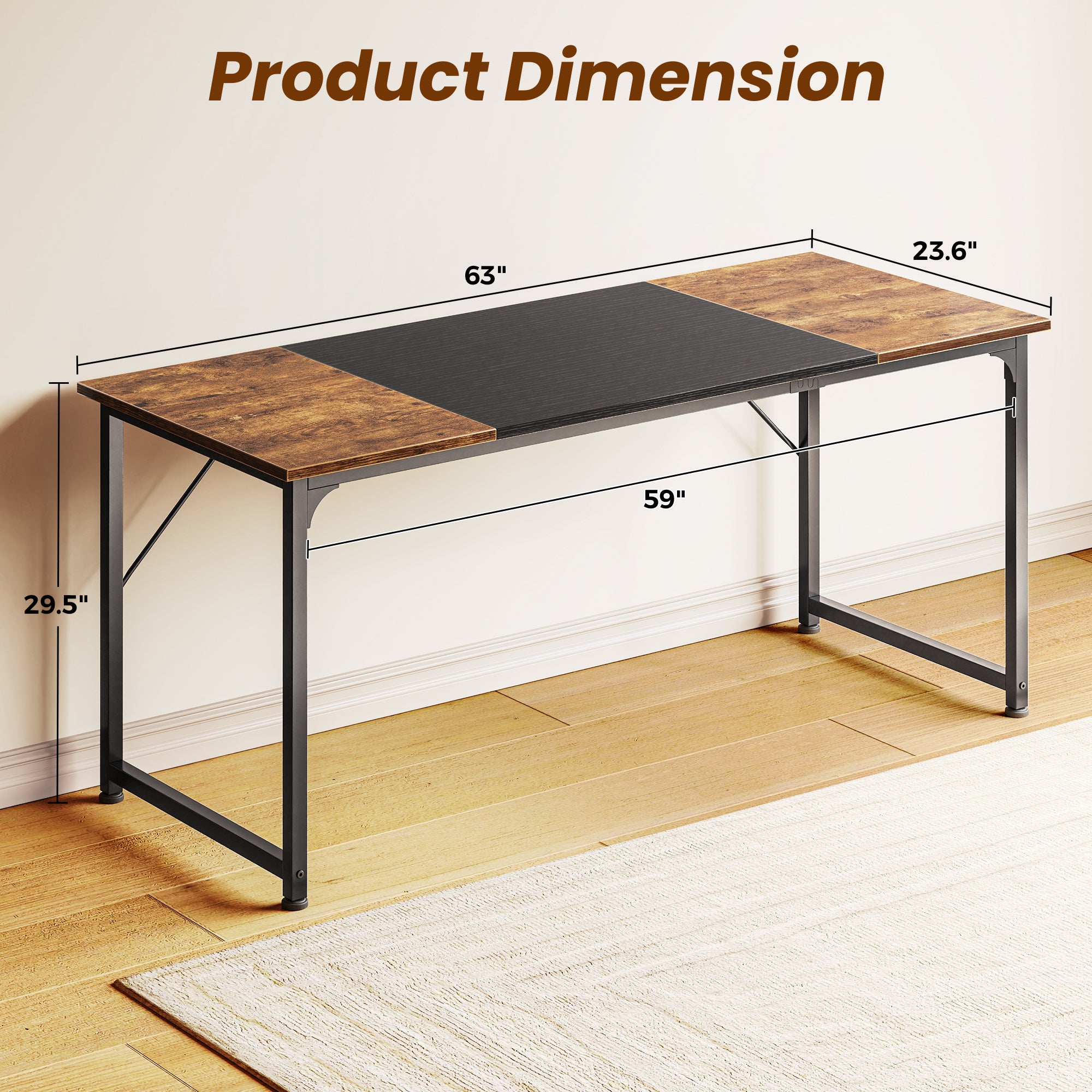 63" Computer Desk, Modern Office, Study & Gaming Desk with Storage, Large Legroom, Sturdy Metal Frame, Rustic Brown and Black