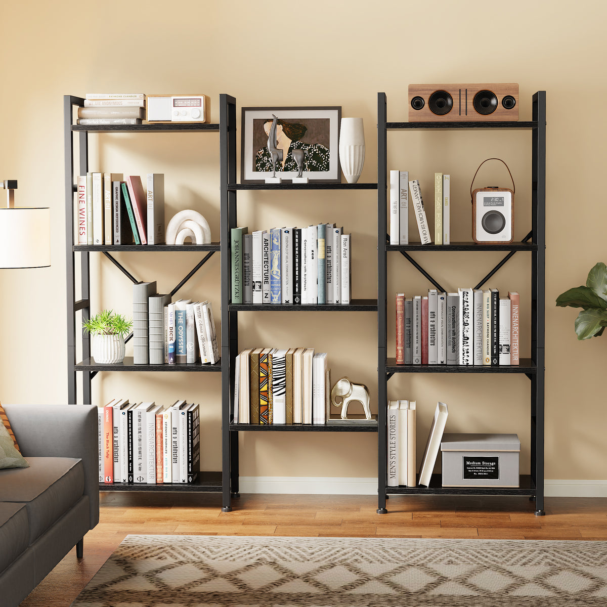 Amadwell 4 Tier Industrial Bookcase, Large Shelf Bookshelf, 11 Units Storage for Living Room, Black