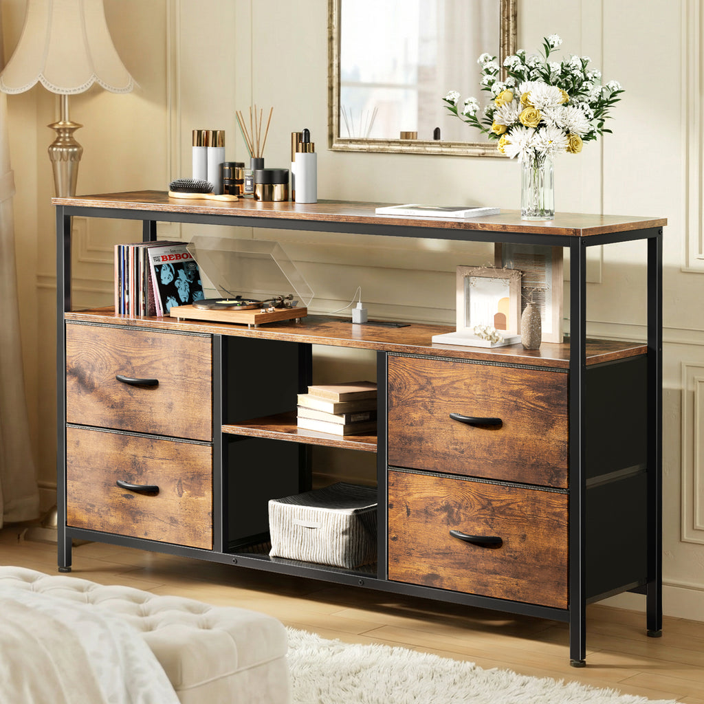 Amadwell TV Stand with Power Outlets & LED Lights, 4 Drawer Dresser Entertainment Center, Media Console with Open Shelf, Brown