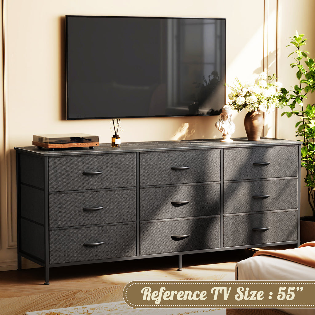 9 Drawer Bedroom Dresser with Storage, 55 Inch TV Stand for 55, 60 Inch TV, Fabric Chest for Closet, Black