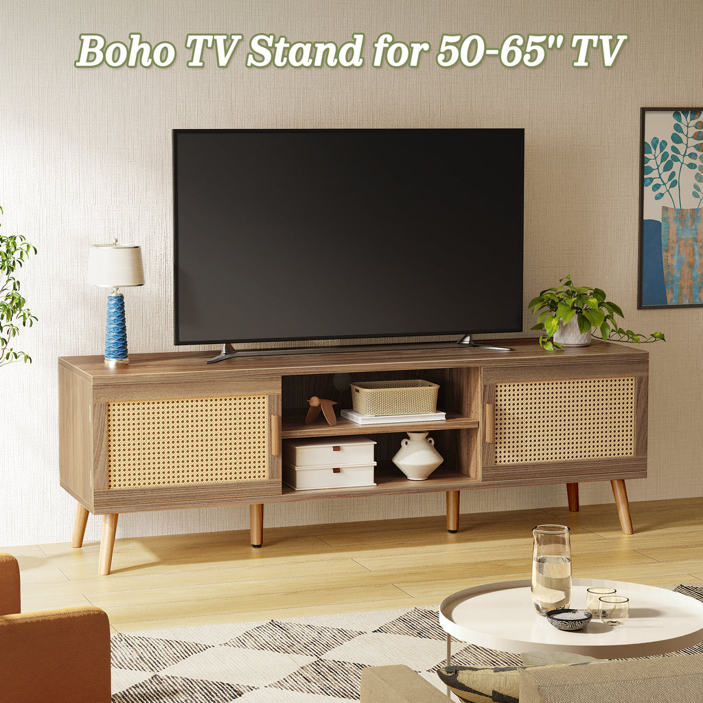 Amadwell Rattan TV Stand for 60" TVs, Adjustable Shelf, Natural Living Room Entertainment Center, Brown