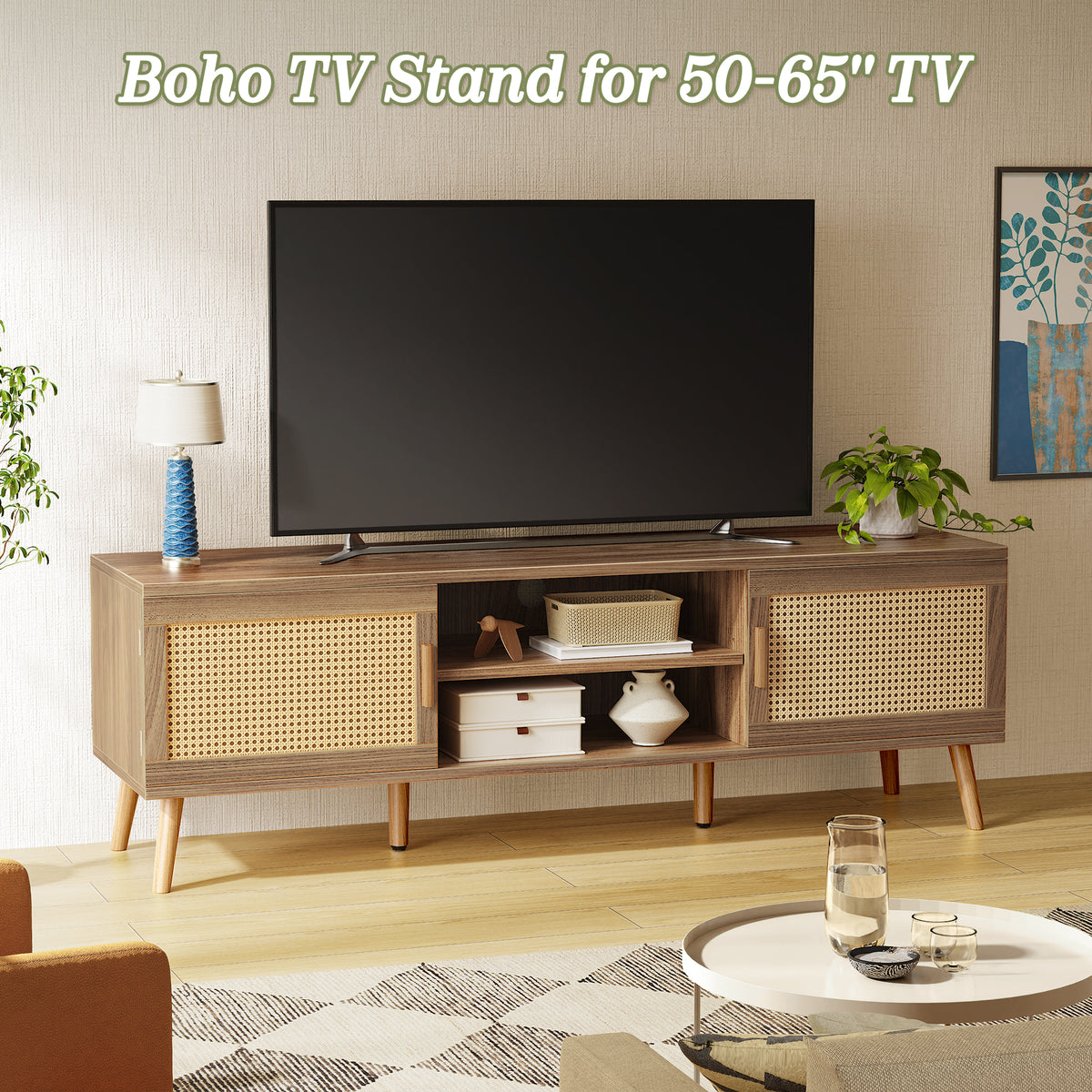Amadwell Rattan TV Stand for 60" TVs, Adjustable Shelf, Natural Living Room Entertainment Center, Brown