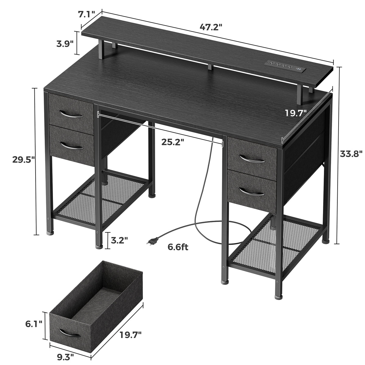 Amadwell 47" Gaming Computer Desk with LED Lights, Power Outlets, Home Office Writing Desk with 4 Drawers, Black