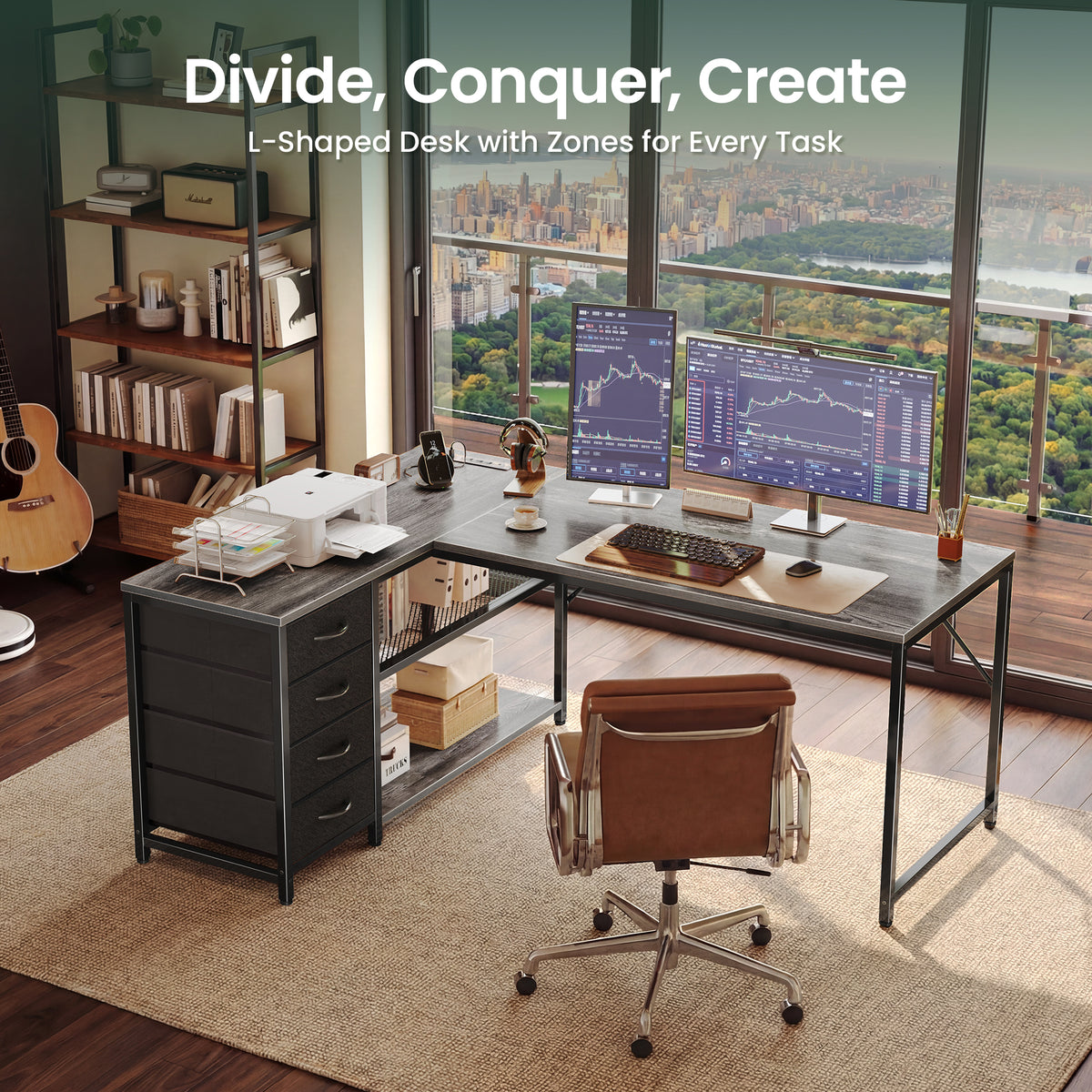 Amadwell 53 Inch L Shaped Desk with Power Outlets & Drawers, Reversible L-Shape Computer Desk, Gray