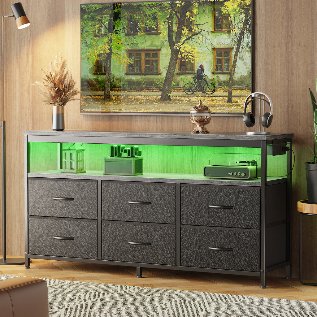 Amadwell 47 Inch LED TV Stand Dresser for 55 Inch TVs, 6 Drawer Entertainment Center with Power Outlets, Media Console with Storage, Gray