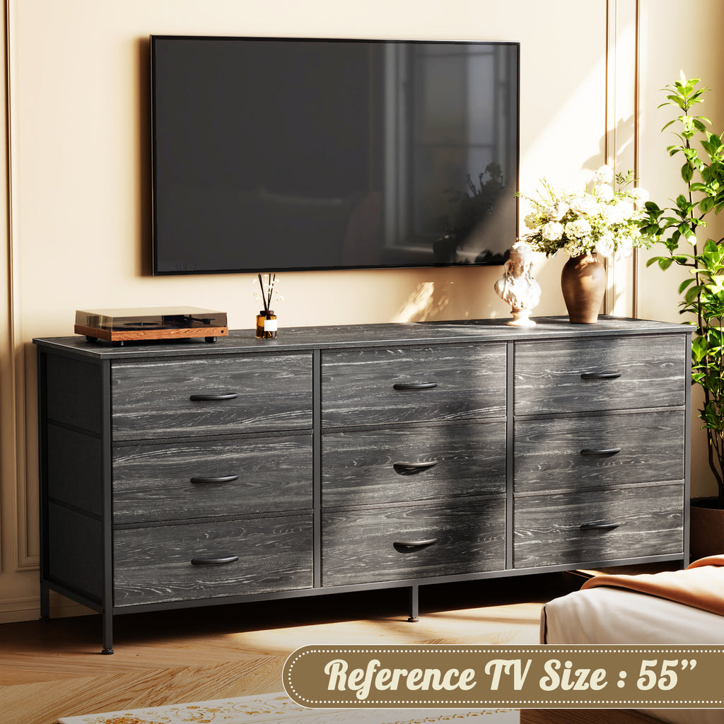9 Drawer Bedroom Dresser with Storage, 55 Inch TV Stand for 55, 60 Inch TV, Fabric Chest for Closet, Charcoal Black Wood Grain Print