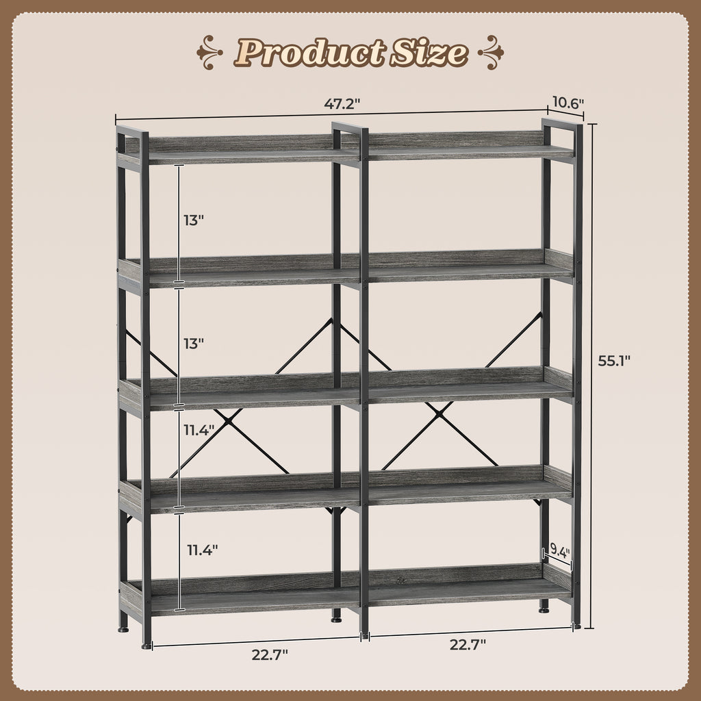 Amadwell 5-Tier Bookshelf with 10 Open Shelves, 47" Freestanding Bookcase, Sturdy Metal Frame, for Living Room, Gray