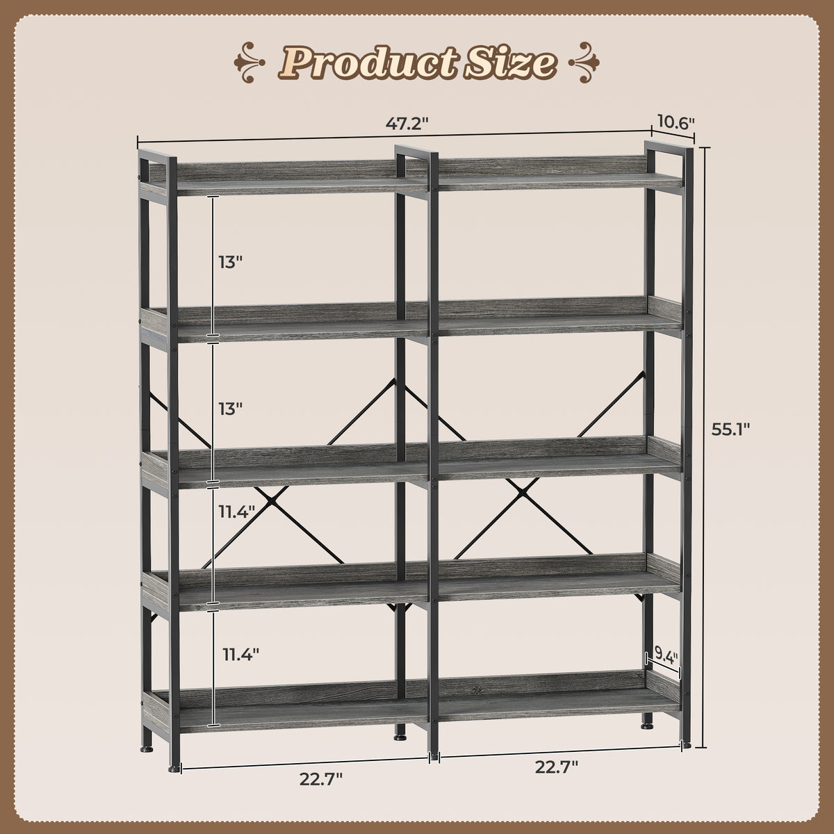 Amadwell 5-Tier Bookshelf with 10 Open Shelves, 47" Freestanding Bookcase, Sturdy Metal Frame, for Living Room, Gray