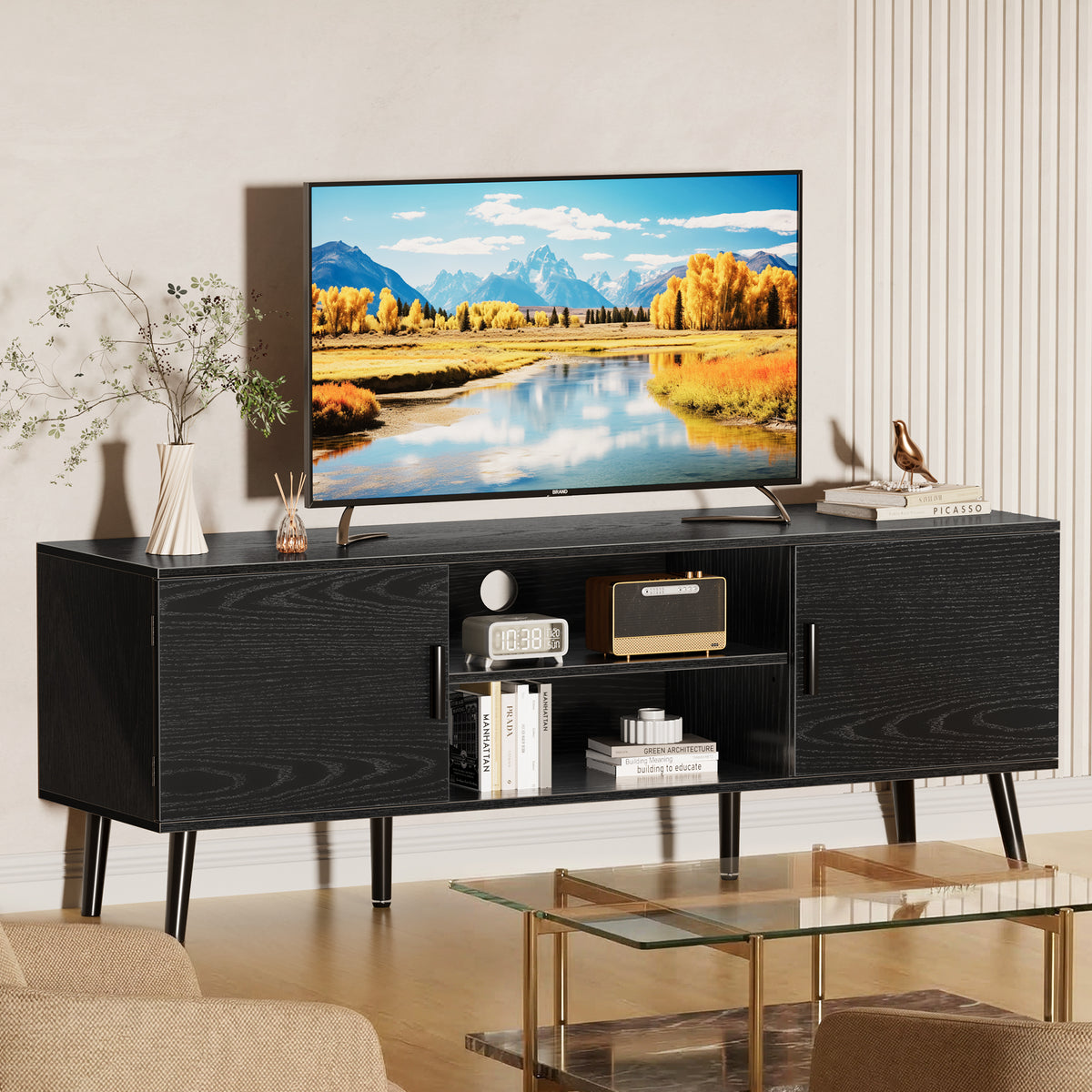 Amadwell Mid Century TV Stand for 60" TVs, Adjustable Shelf, 54 inch Media Console for Living Room, Black