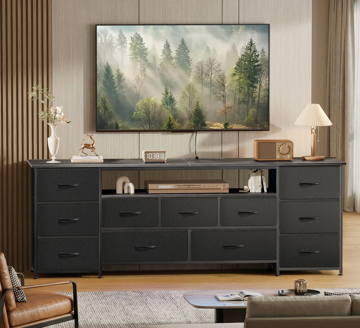 Amadwell Large TV Stand for 65, 70 Inch TVs, 11 Drawers with Power Outlets & LED Lights, 63 inch Entertainment Center, Gray