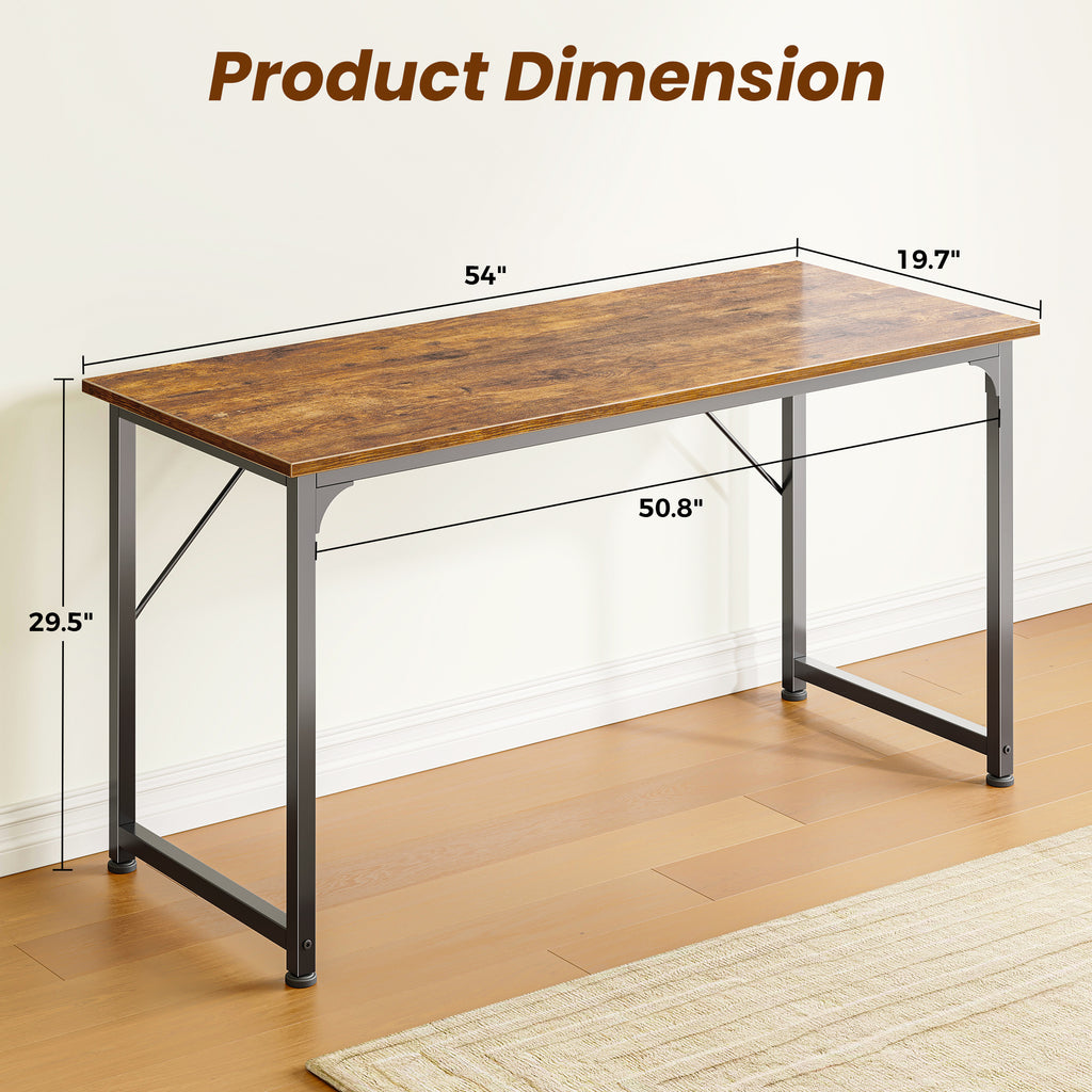 54" Computer Desk, Modern Office, Study & Gaming Desk with Storage, Large Legroom, Sturdy Metal Frame, Rustic Brown