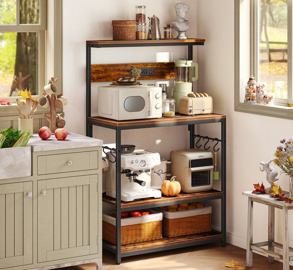 Amadwell Kitchen Bakers Rack with Power Outlets, 31.5" Large Microwave Stand, Coffee Bar Station, Brown