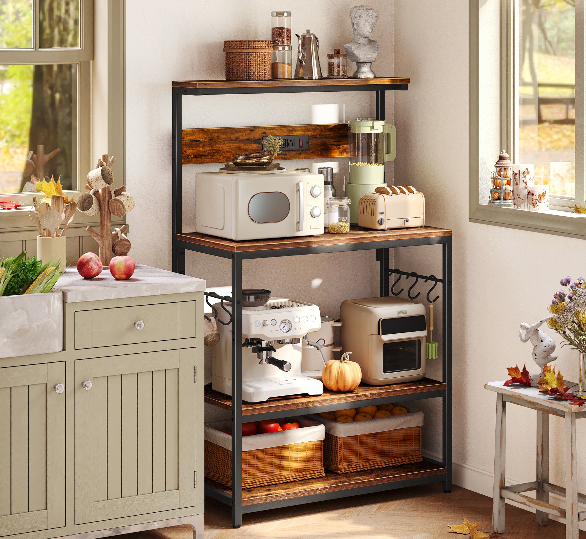 Amadwell Kitchen Bakers Rack with Power Outlets, 31.5" Large Microwave Stand, Coffee Bar Station, Brown