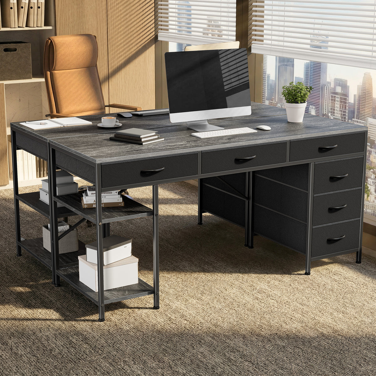 Amadwell 47" Desk with Drawers & Storage, Office Desk with Reversible Shelves, Gaming Computer Desk, Grey