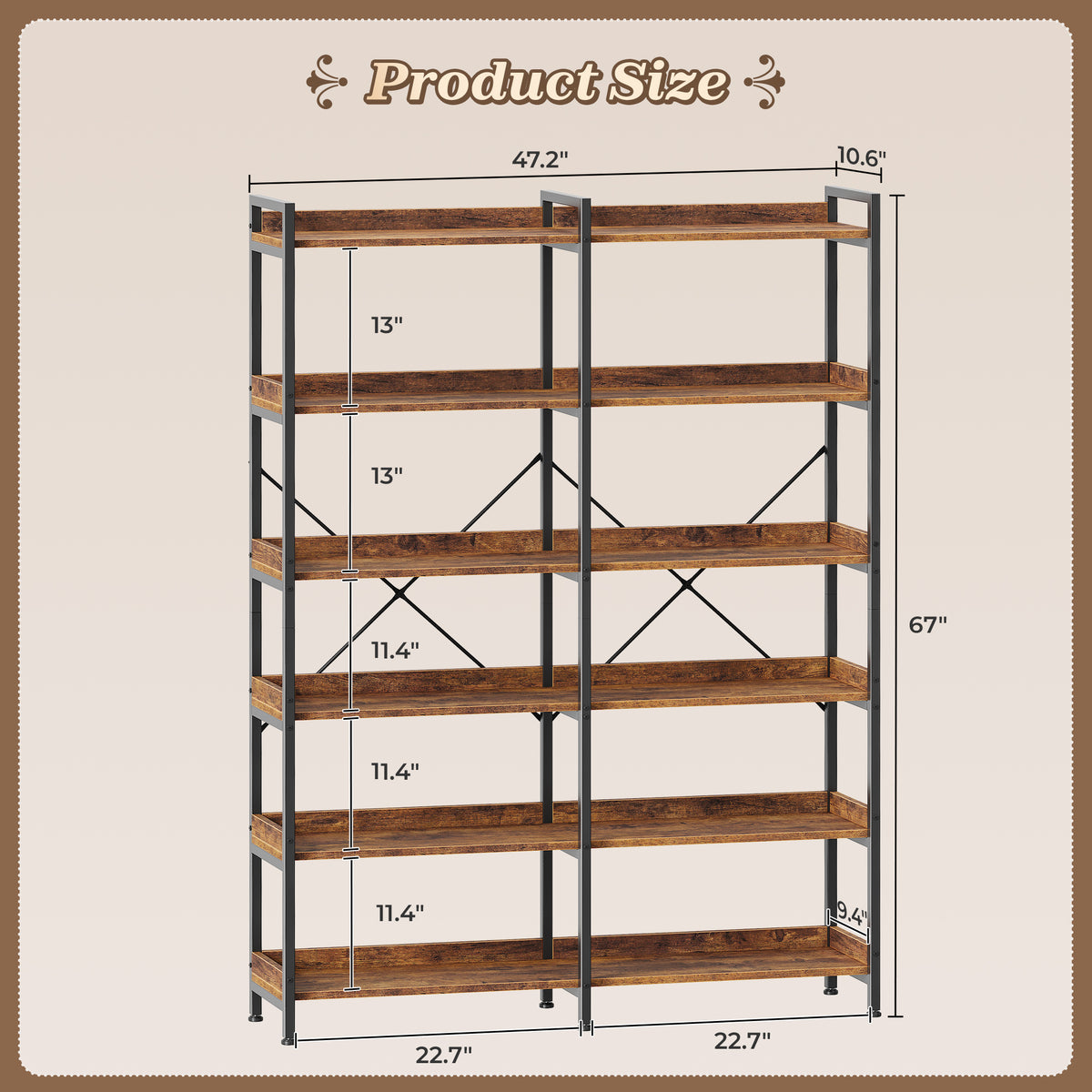 Amadwell 5-Tier Bookshelf ,47" Freestanding Display Bookcase with 10 Open Shelves , Sturdy Metal Frame Wooden Board, Adjustable Feet, for Living Room, Bedroom, Home Office, Brown