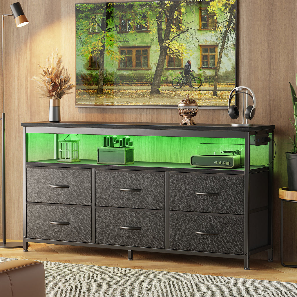 Amadwell 47 Inch LED TV Stand Dresser for 55 Inch TVs, 6 Drawer Entertainment Center with Power Outlets, Media Console with Storage, Black