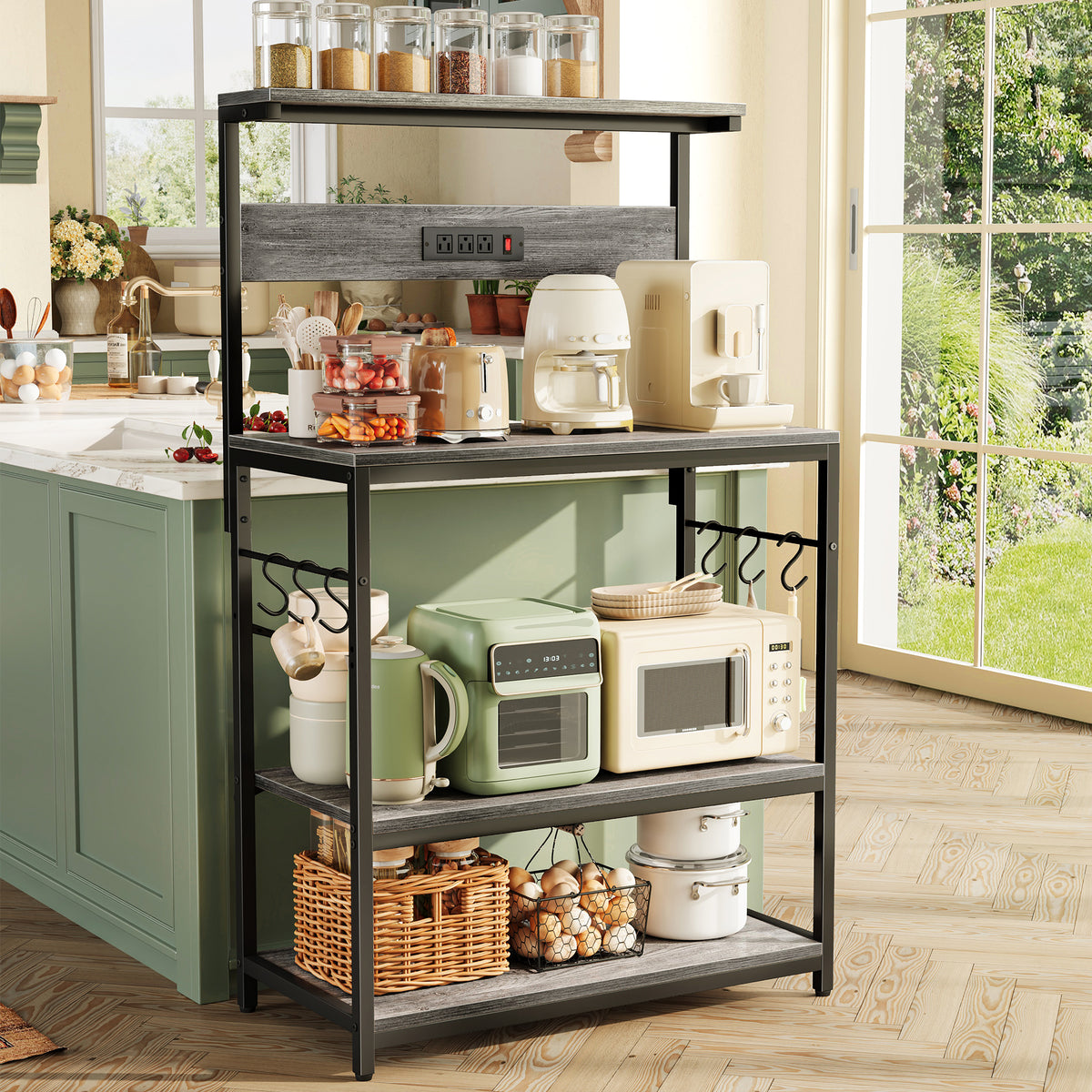 Amadwell Kitchen Bakers Rack with Power Outlets, 31.5" Large Microwave Stand, Coffee Bar Station, Gray